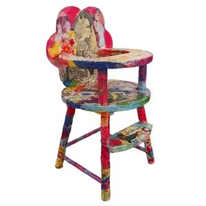 Handcrafted wood highchair. Signed original one of a kind Folk art